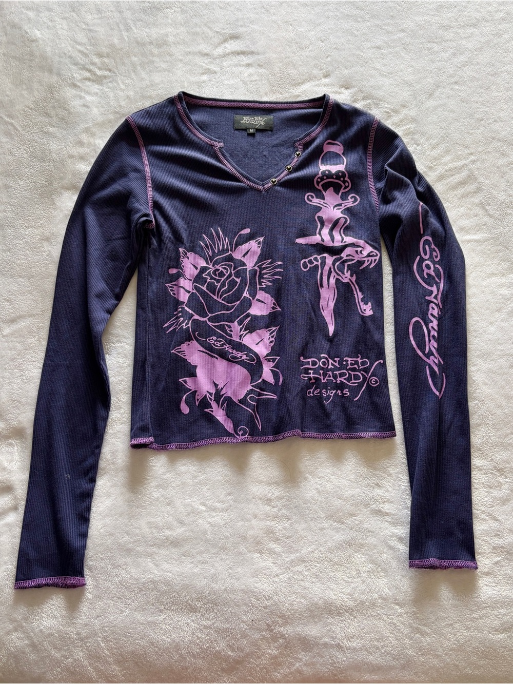 Ed Hardy Purple Long-Sleeve V-Neck Top with Pink Graphic